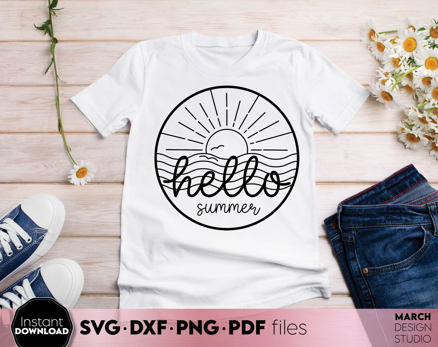 Hello summer sign for Your beach shirt design. SVG DXF PNG PDF files included. Compatible with Cricut, Silhouette or other equipment. Cut from vinyl, use for sublimation or laser cut or grave projects. Buy now for a good price and enjoy!