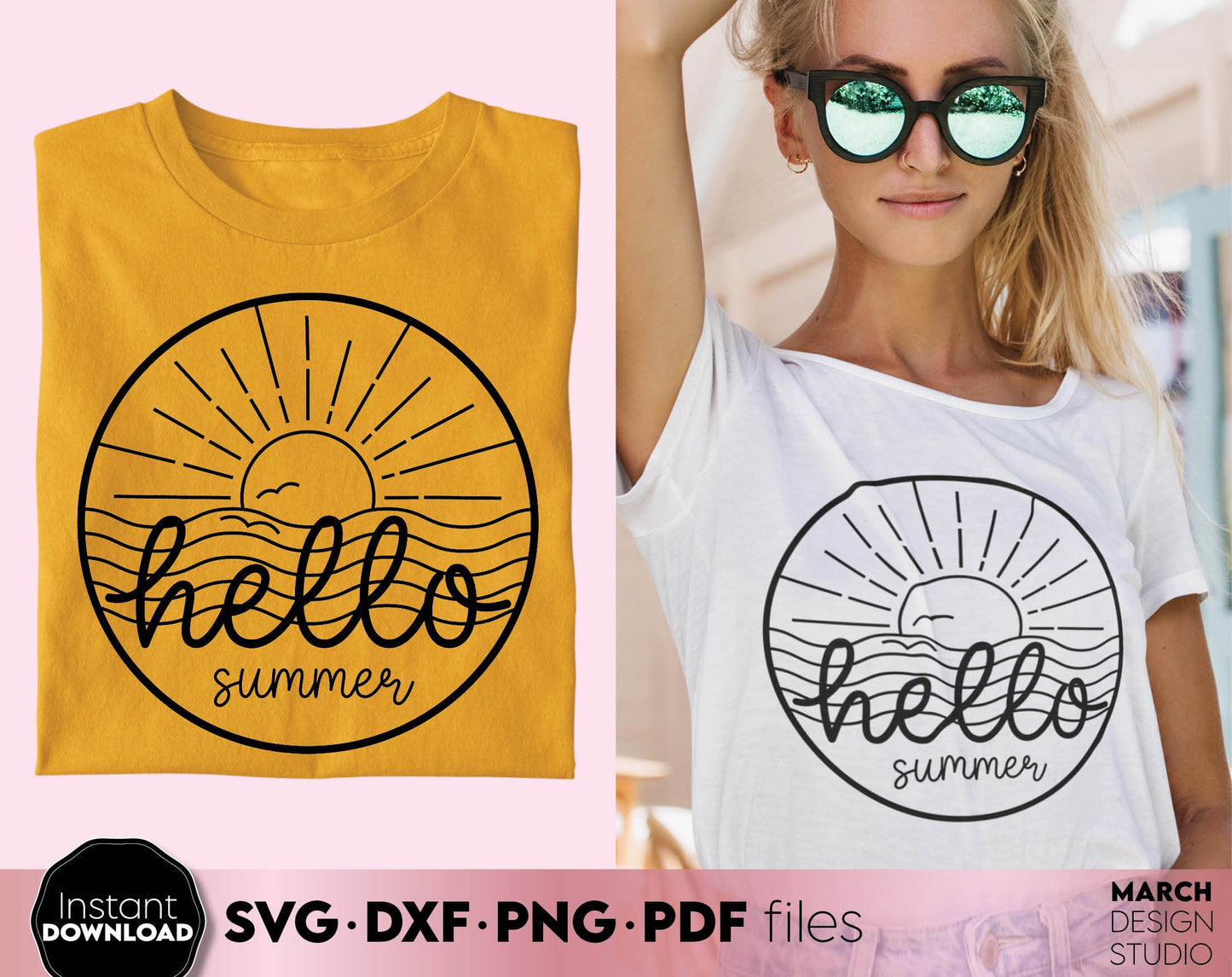 Hello summer sign for Your beach shirt design. SVG DXF PNG PDF files included. Compatible with Cricut, Silhouette or other equipment. Cut from vinyl, use for sublimation or laser cut or grave projects. Buy now for a good price and enjoy!