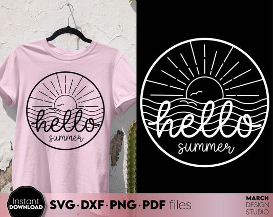 Hello summer sign for Your beach shirt design. SVG DXF PNG PDF files included. Compatible with Cricut, Silhouette or other equipment. Cut from vinyl, use for sublimation or laser cut or grave projects. Buy now for a good price and enjoy!