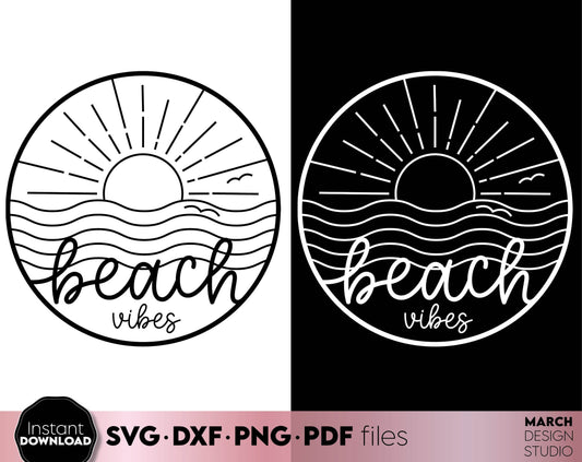 Beach vibes design with the sun and see on it. SVG DXF PNG PDF files included. Compatible with Cricut, Silhouette or other equipment. Cut from vinyl, use for sublimation or laser cut or grave projects. Buy now for a good price and enjoy!