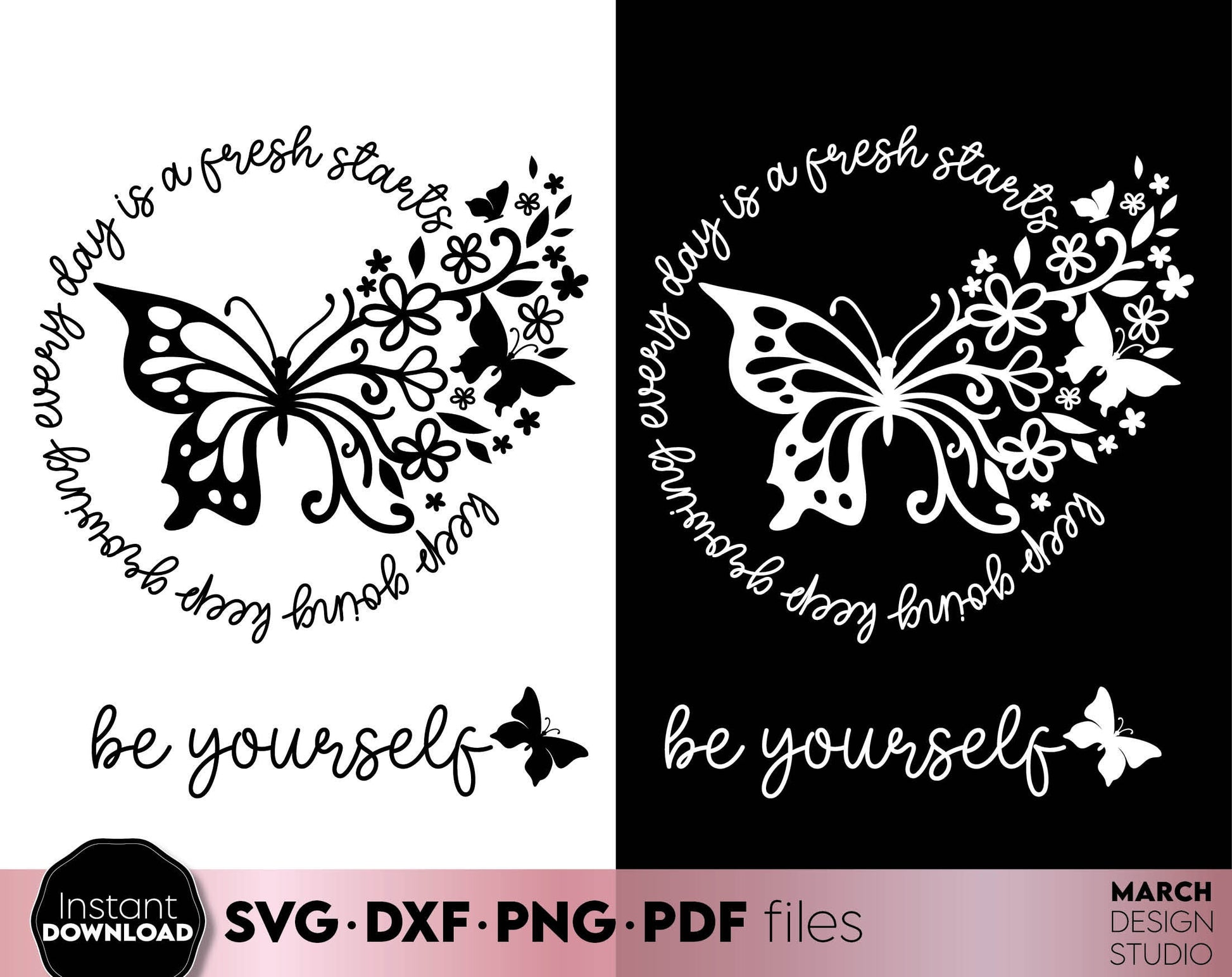 Be Yourself motivational quote design with flowers and butterfly on it. Usable for your summer shirt or hoodie design. SVG DXF PNG PDF files included. Compatible with Cricut, Silhouette or other equipment. Cut from vinyl, use for sublimation or laser