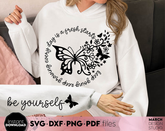 Be Yourself motivational quote design with flowers and butterfly on it. Usable for your summer shirt or hoodie design. SVG DXF PNG PDF files included. Compatible with Cricut, Silhouette or other equipment. Cut from vinyl, use for sublimation or laser