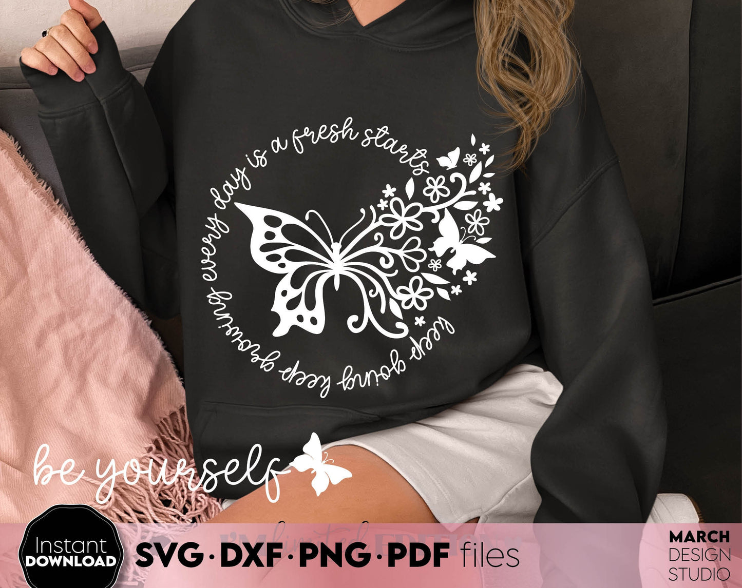 Be Yourself motivational quote design with flowers and butterfly on it. Usable for your summer shirt or hoodie design. SVG DXF PNG PDF files included. Compatible with Cricut, Silhouette or other equipment. Cut from vinyl, use for sublimation or laser