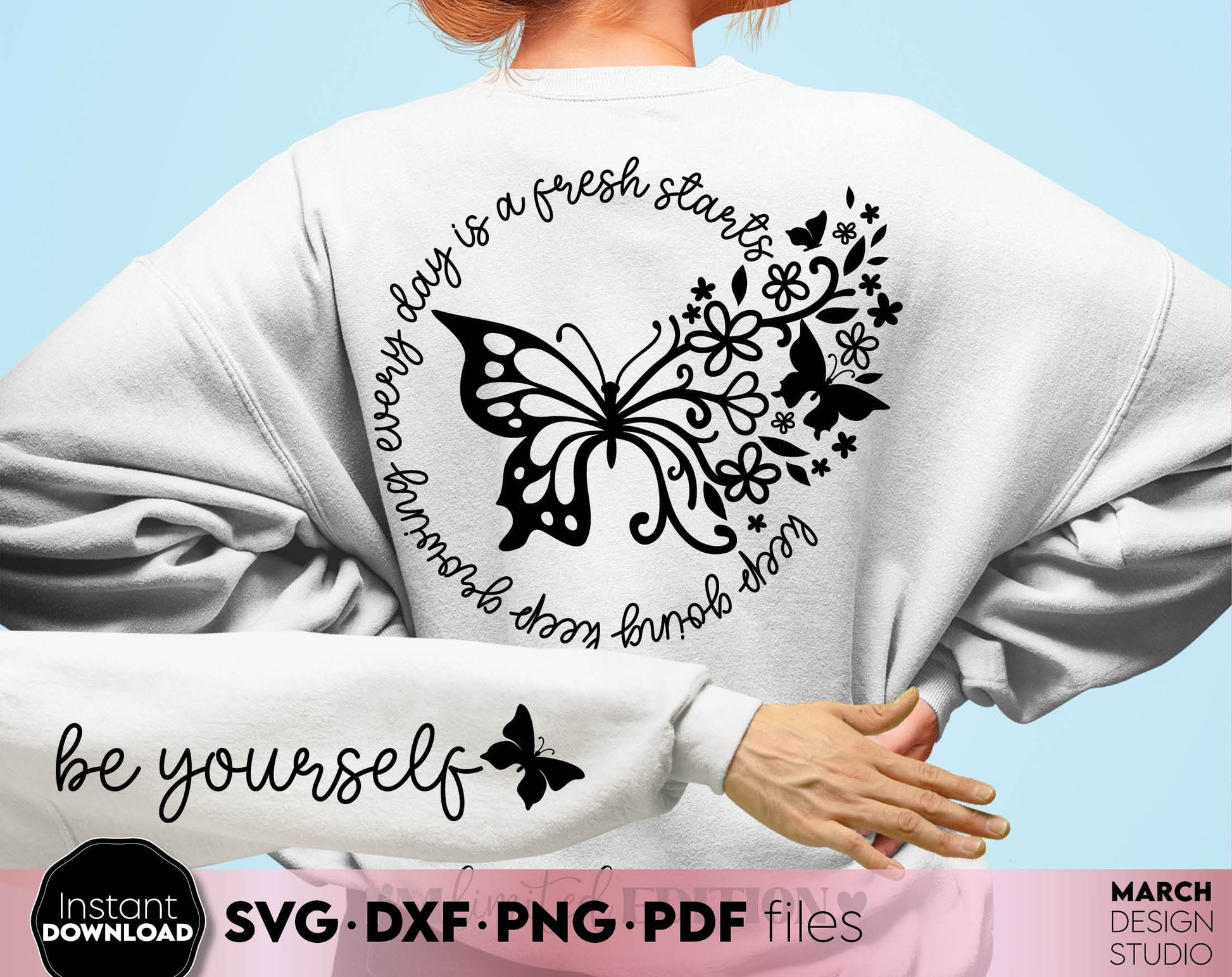 Be Yourself motivational quote design with flowers and butterfly on it. Usable for your summer shirt or hoodie design. SVG DXF PNG PDF files included. Compatible with Cricut, Silhouette or other equipment. Cut from vinyl, use for sublimation or laser