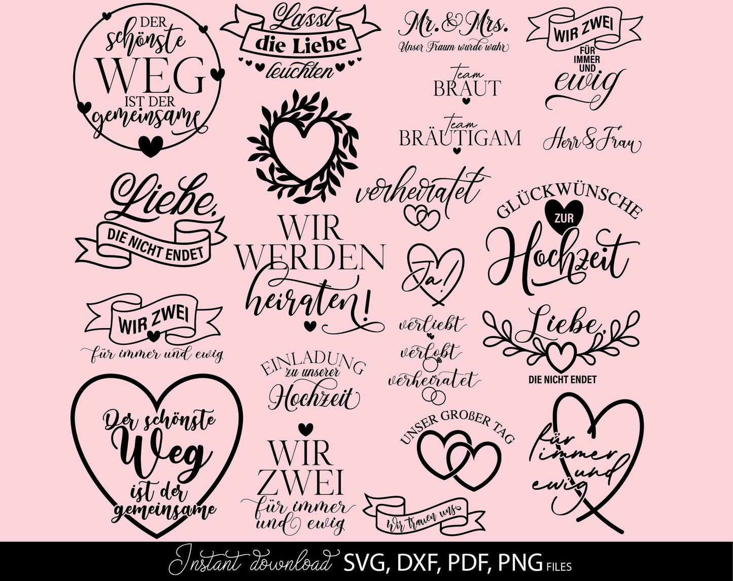 German Wedding Signs Plotter File Svg Dxf Png | German Liebe Quotes Plotter File Svg Png Dxf | German Hochzeit Verliebt Verlobt Verheiratet