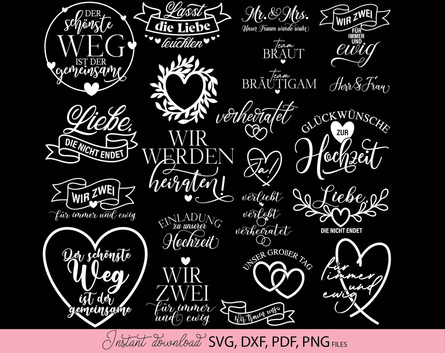 German Wedding Signs Plotter File Svg Dxf Png | German Liebe Quotes Plotter File Svg Png Dxf | German Hochzeit Verliebt Verlobt Verheiratet