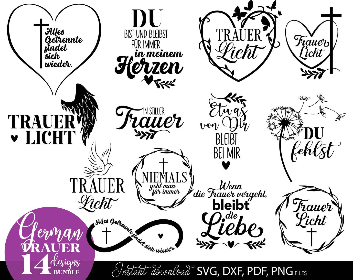 German Trauer Plotter File Bundle. SVG DXF PDF PNG files included. Compatible with Cricut, Silhouette, sublimation printers .etc. Cut from vinyl, use for sublimation or laser cut or grave projects. Buy now for a good price and enjoy!