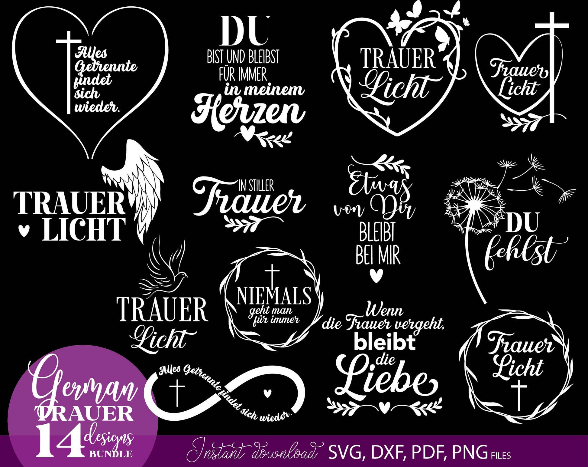 German Trauer Plotter File Bundle. SVG DXF PDF PNG files included. Compatible with Cricut, Silhouette, sublimation printers .etc. Cut from vinyl, use for sublimation or laser cut or grave projects. Buy now for a good price and enjoy!