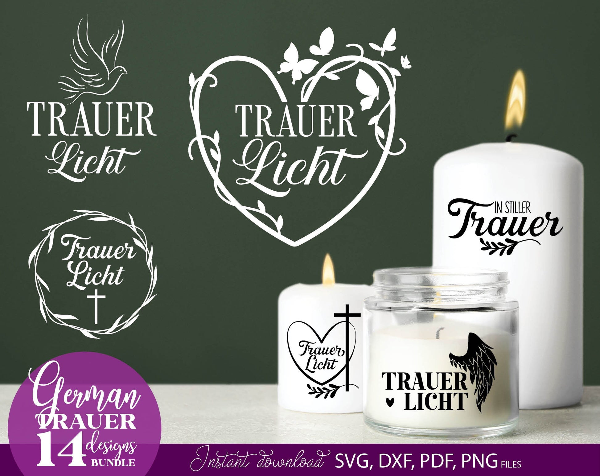 German Trauer Plotter File Bundle. SVG DXF PDF PNG files included. Compatible with Cricut, Silhouette, sublimation printers .etc. Cut from vinyl, use for sublimation or laser cut or grave projects. Buy now for a good price and enjoy!