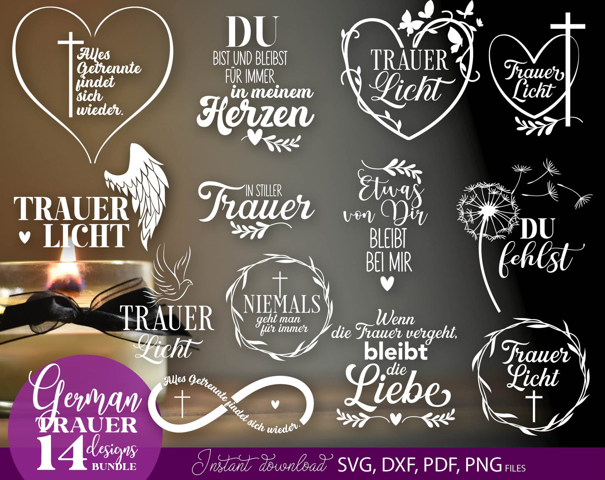 German Trauer Plotter File Bundle. SVG DXF PDF PNG files included. Compatible with Cricut, Silhouette, sublimation printers .etc. Cut from vinyl, use for sublimation or laser cut or grave projects. Buy now for a good price and enjoy!