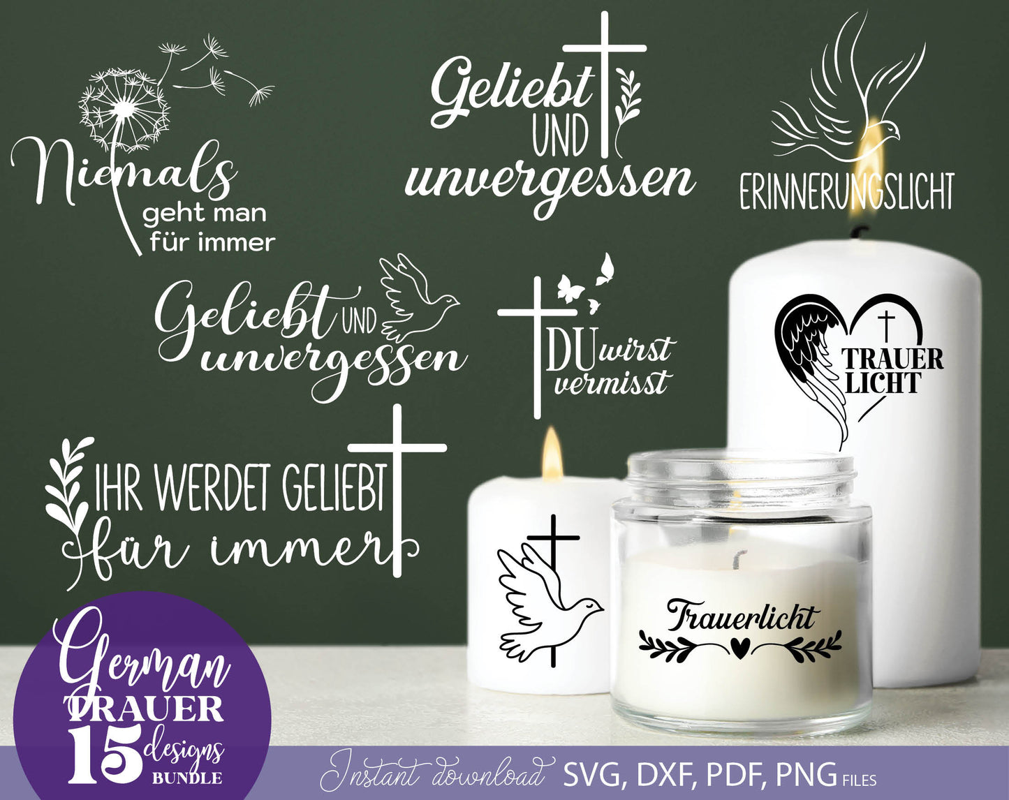 German Trauer Plotter File Bundle. SVG DXF PDF PNG files included. Compatible with Cricut, Silhouette, sublimation printers .etc. Cut from vinyl, use for sublimation or laser cut or grave projects. Buy now for a good price and enjoy!