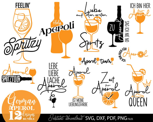 German Aperol spritz orange bundle. SVG DXF PDF PNG files included. Use with Cricut, Silhouette, Cameo, sublimation printers .etc. Cut from vinyl, use for sublimation or laser cut or grave projects as well. Buy now for a good price and enjoy!