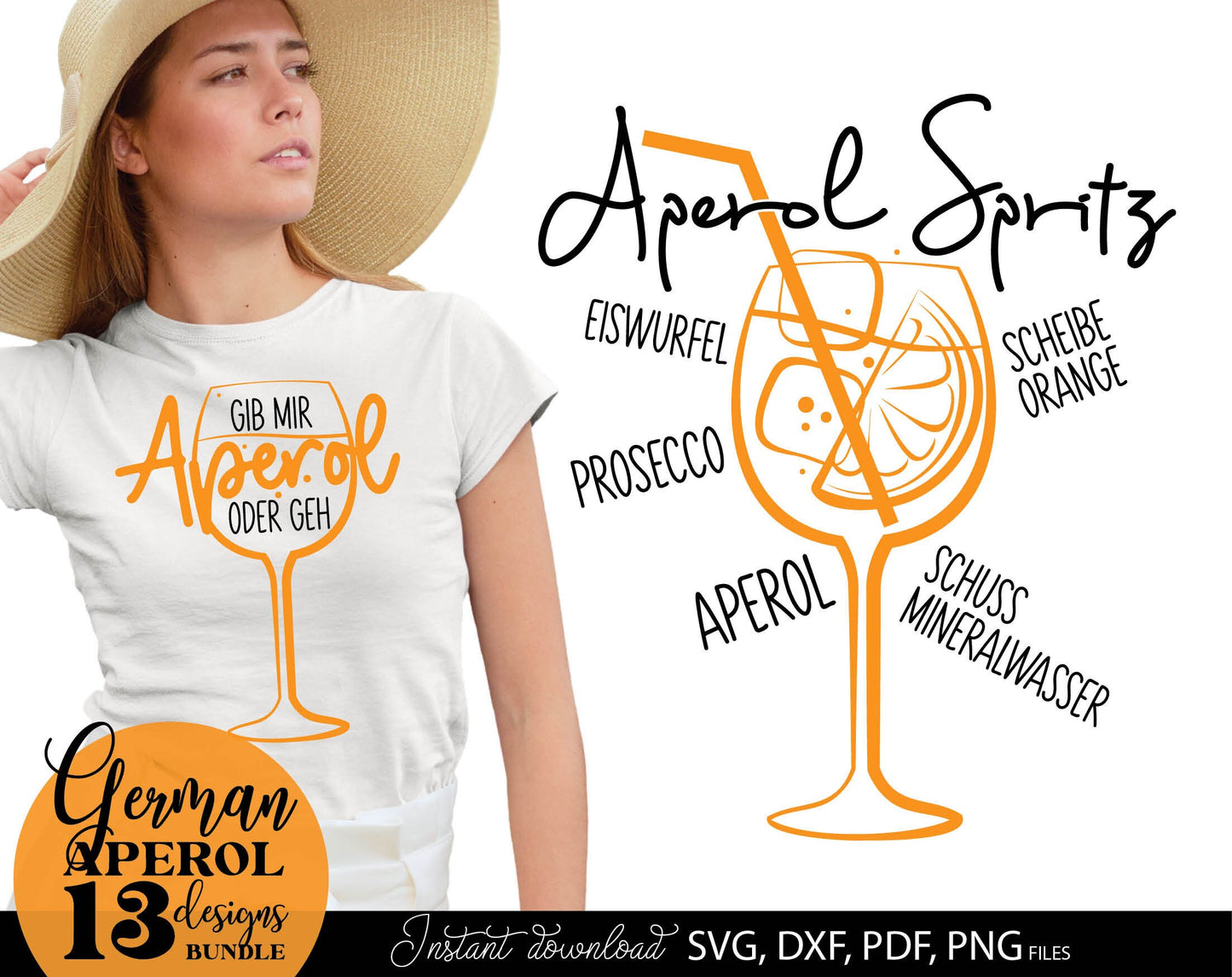 German Aperol spritz orange bundle. SVG DXF PDF PNG files included. Use with Cricut, Silhouette, Cameo, sublimation printers .etc. Cut from vinyl, use for sublimation or laser cut or grave projects as well. Buy now for a good price and enjoy!