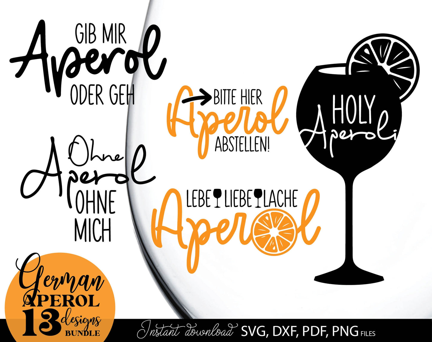 German Aperol spritz orange bundle. SVG DXF PDF PNG files included. Use with Cricut, Silhouette, Cameo, sublimation printers .etc. Cut from vinyl, use for sublimation or laser cut or grave projects as well. Buy now for a good price and enjoy!