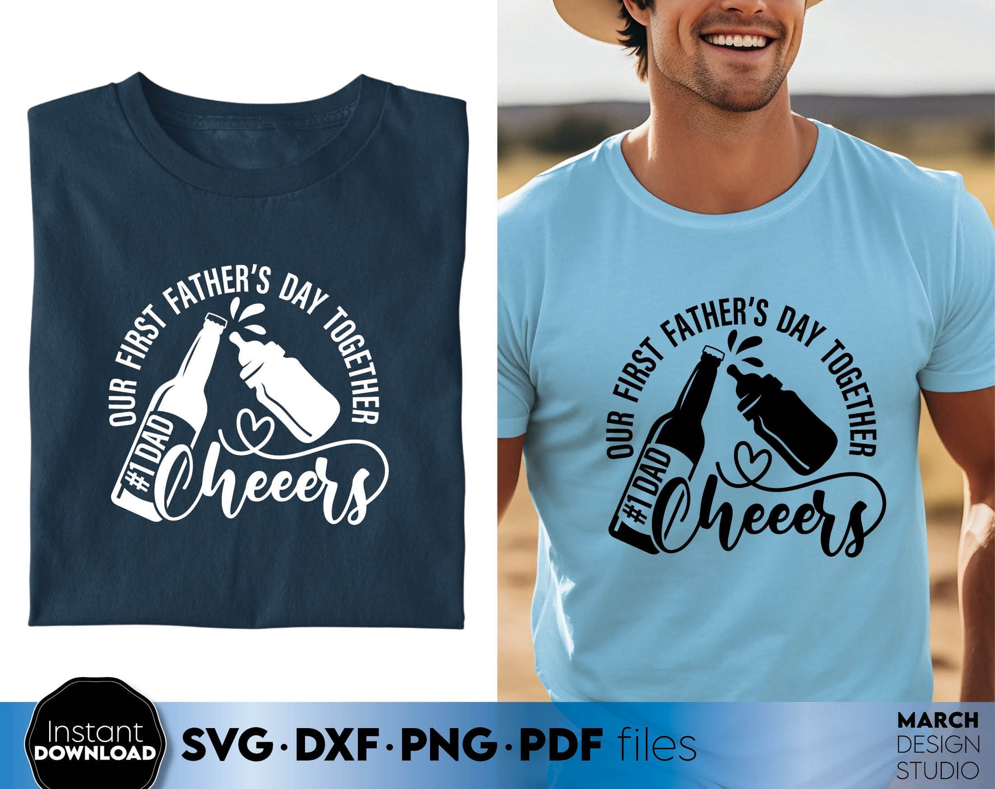 Our First Fathers Day together - Cheers. Funny father and kid matching shirt design for first Fathers Day. SVG DXF PNG PDF files included. Compatible with Cricut, Silhouette or other equipment. Cut from vinyl, use for sublimation or laser cut project