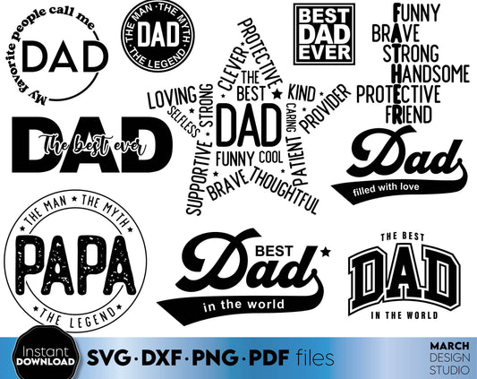 Dad quotes bundle design for Your Dad birthday or Fathers Day gift ideas. SVG DXF PNG PDF files included. Compatible with Cricut, Silhouette, sublimation printers. Cut from vinyl, use for sublimation or laser cut or grave projects. Buy now and enjoy!