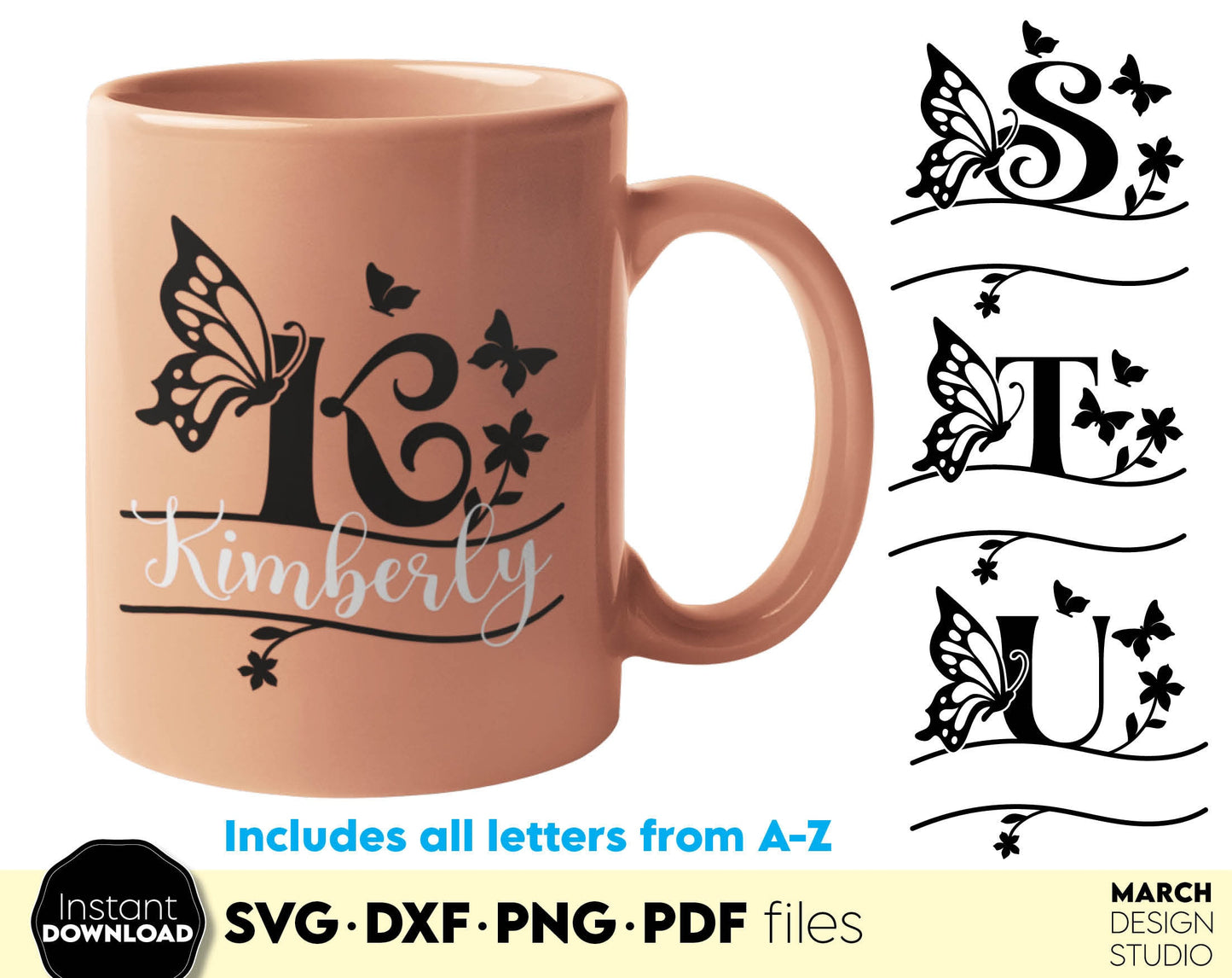 Butterfly Split Monogram Alphabet Letter Bundle for Your Birthday, Easter or other custom gift ideas. SVG DXF PNG PDF files included. Compatible with Cricut, Silhouette or other equipment. Cut from vinyl, use for sublimation or laser cut or grave.