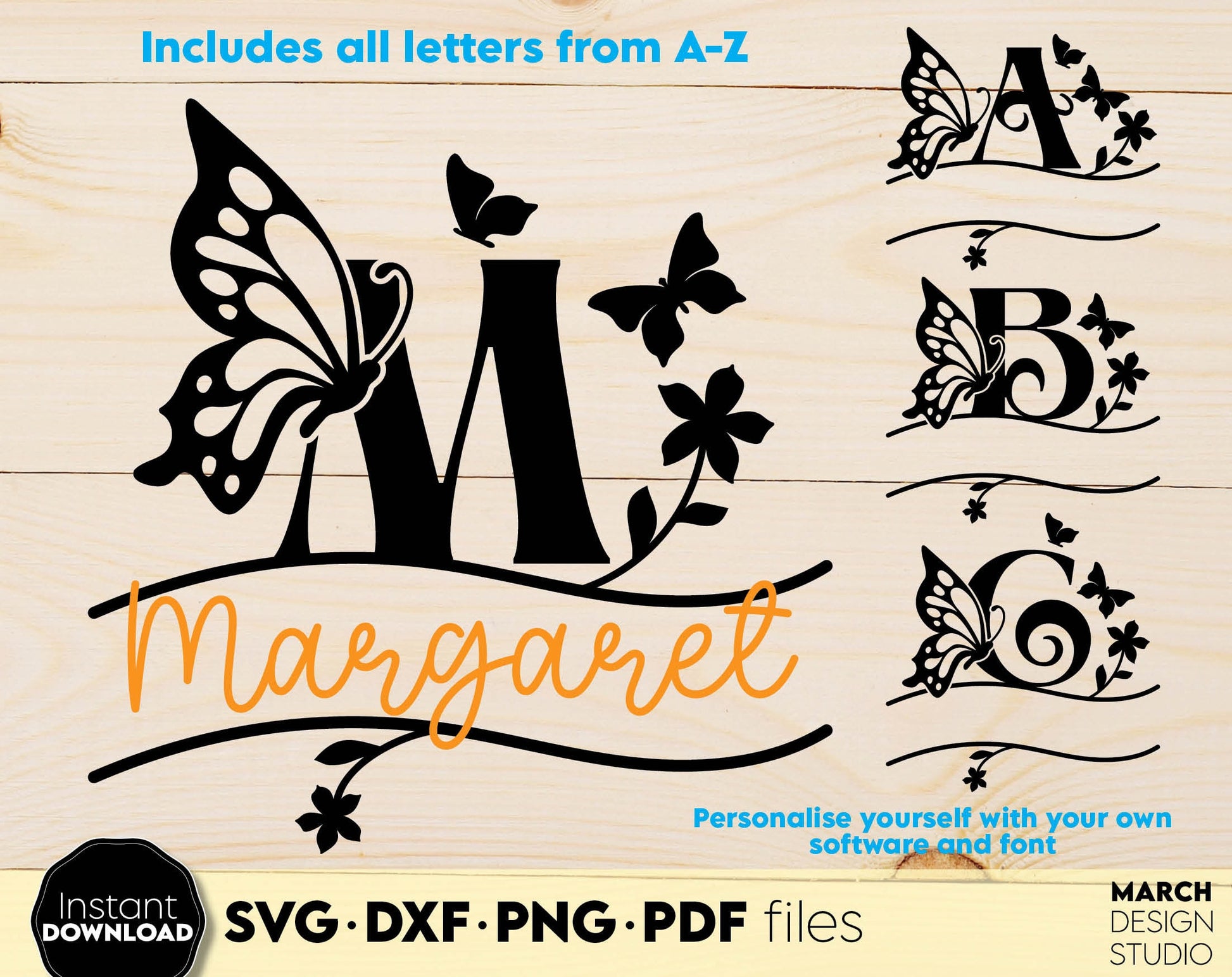 Butterfly Split Monogram Alphabet Letter Bundle for Your Birthday, Easter or other custom gift ideas. SVG DXF PNG PDF files included. Compatible with Cricut, Silhouette or other equipment. Cut from vinyl, use for sublimation or laser cut or grave.