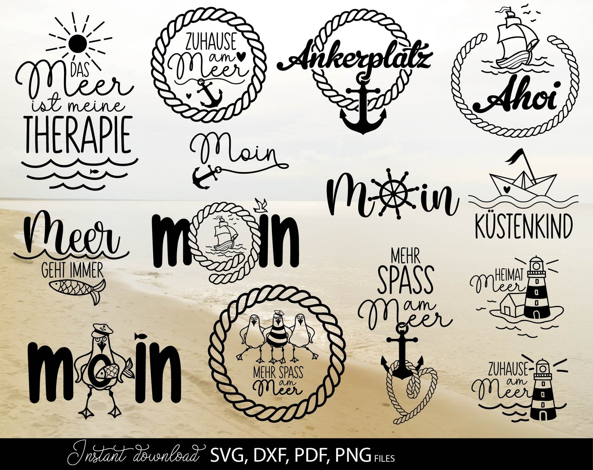 German Nautical Bundle Moin Plotterdatei  Maritim. SVG DXF PDF PNG files included. Compatible with Cricut, Silhouette, sublimation printers or other equipment. Cut from vinyl, use for sublimation or laser cut or grave projects. Buy now and enjoy!