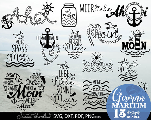 German Nautical Bundle Moin Plotterdatei  Maritim. SVG DXF PDF PNG files included. Compatible with Cricut, Silhouette, sublimation printers or other equipment. Cut from vinyl, use for sublimation or laser cut or grave projects. Buy now and enjoy!