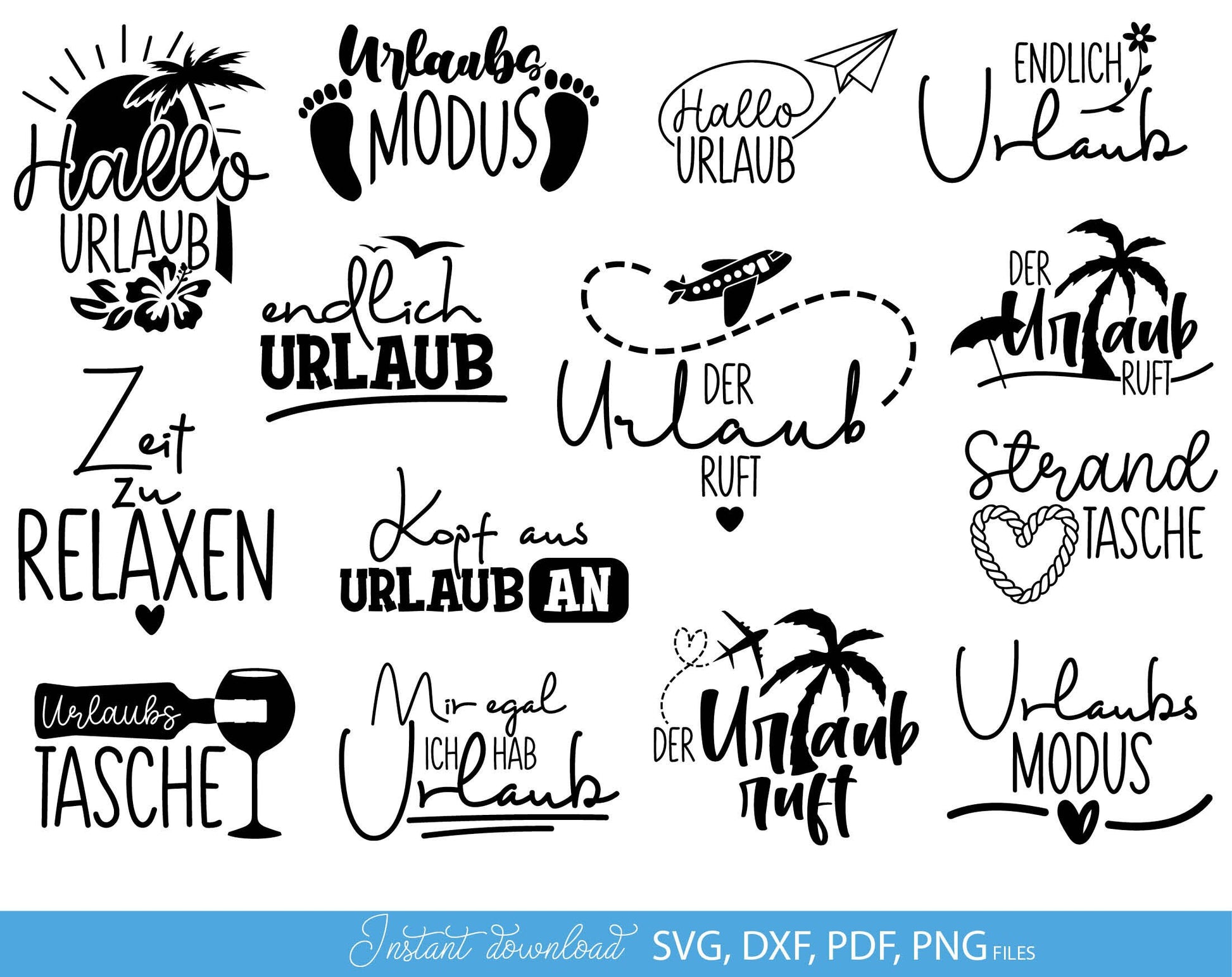 German Sommer Urlaub Plotterdatei Bundle. SVG DXF PDF PNG files included. Compatible with Cricut, Silhouette, sublimation printers or laser cut or grave machines. Cut from vinyl, use for sublimation or laser cut projects. Buy now for a good price!