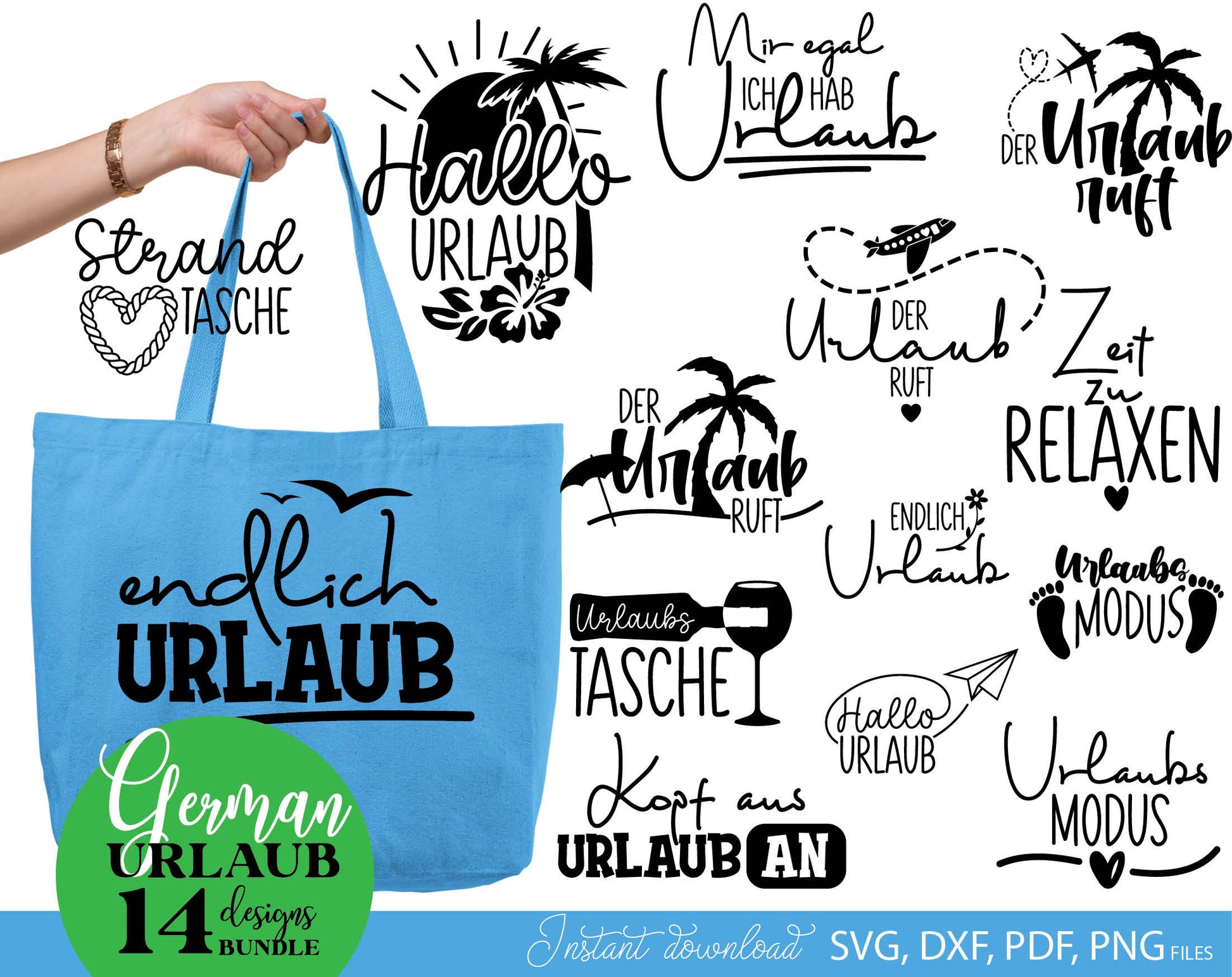 German Sommer Urlaub Plotterdatei Bundle. SVG DXF PDF PNG files included. Compatible with Cricut, Silhouette, sublimation printers or laser cut or grave machines. Cut from vinyl, use for sublimation or laser cut projects. Buy now for a good price!