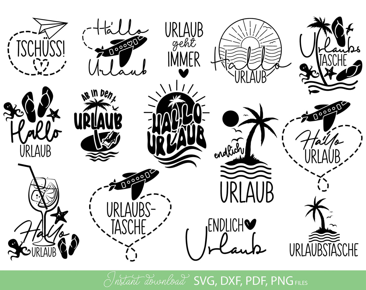 German Sommer Urlaub Plotterdatei Bundle. SVG DXF PDF PNG files included. Compatible with Cricut, Silhouette, sublimation printers or laser cut or grave machines. Cut from vinyl, use for sublimation or laser cut projects. Buy now for a good price!