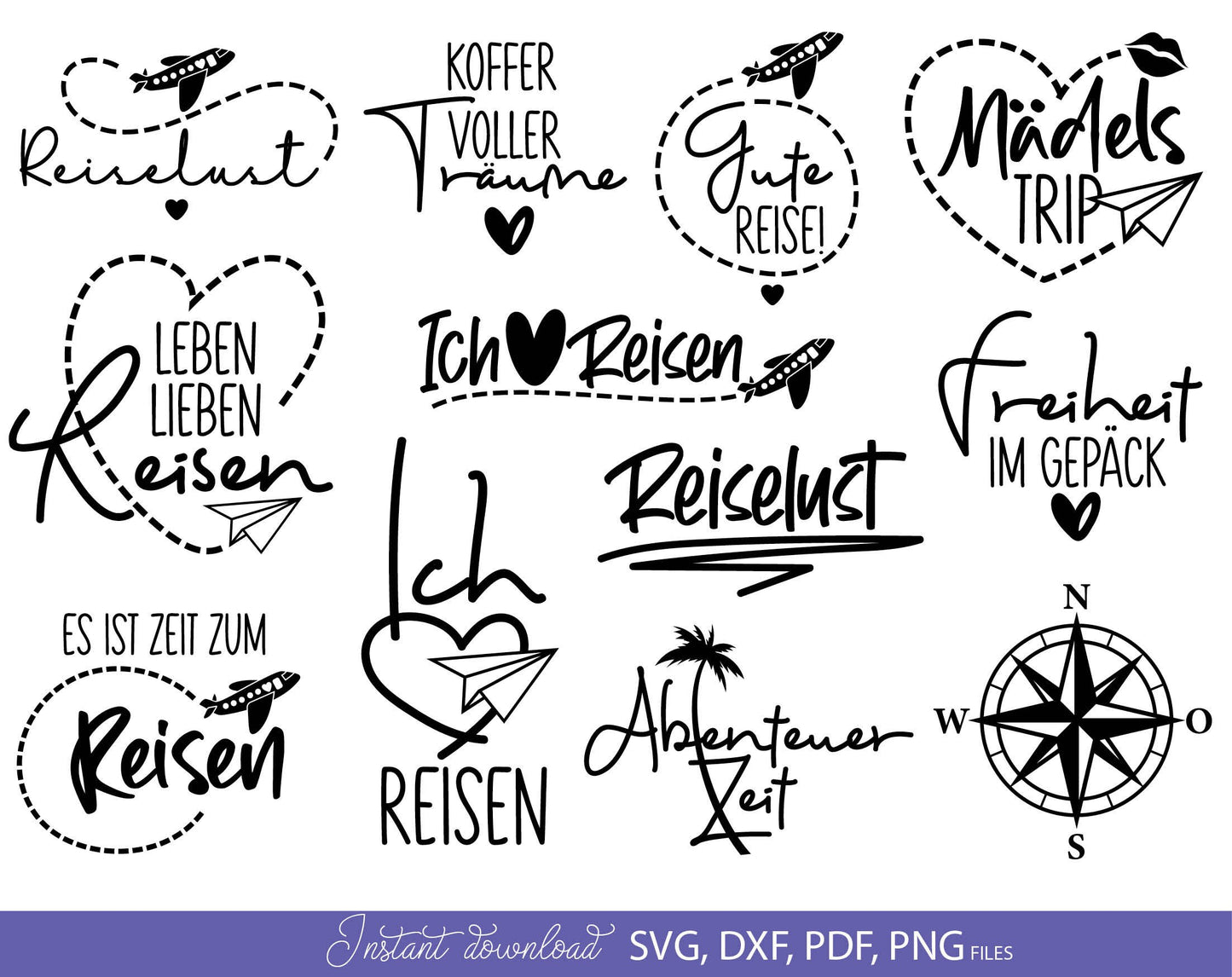 German Reisen Plotterdatei svg png Bundle. SVG DXF PDF PNG files included. Compatible with Cricut, Silhouette, sublimation printers or laser cut or grave machines. Cut from vinyl, use for sublimation or laser cut projects. Buy now for a good price!