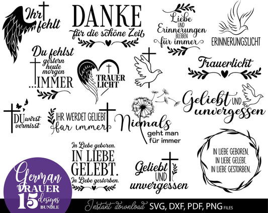 German Trauer Plotter File Bundle. SVG DXF PDF PNG files included. Compatible with Cricut, Silhouette, sublimation printers .etc. Cut from vinyl, use for sublimation or laser cut or grave projects. Buy now for a good price and enjoy!