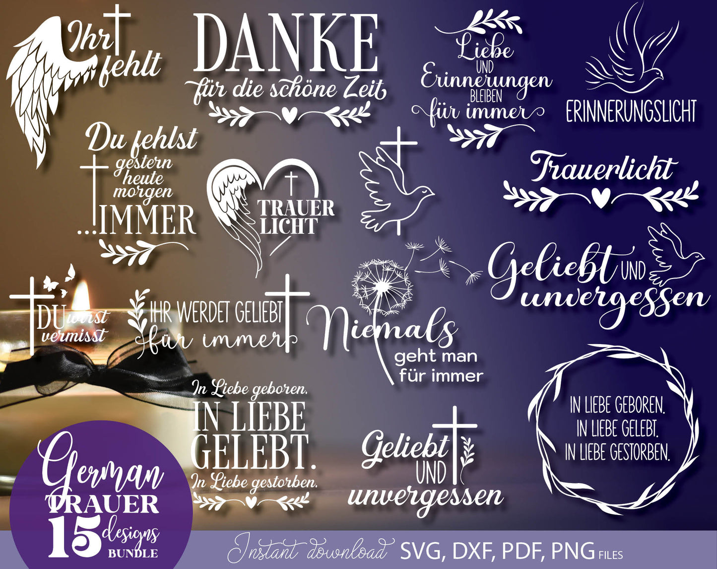 German Trauer Plotter File Bundle. SVG DXF PDF PNG files included. Compatible with Cricut, Silhouette, sublimation printers .etc. Cut from vinyl, use for sublimation or laser cut or grave projects. Buy now for a good price and enjoy!