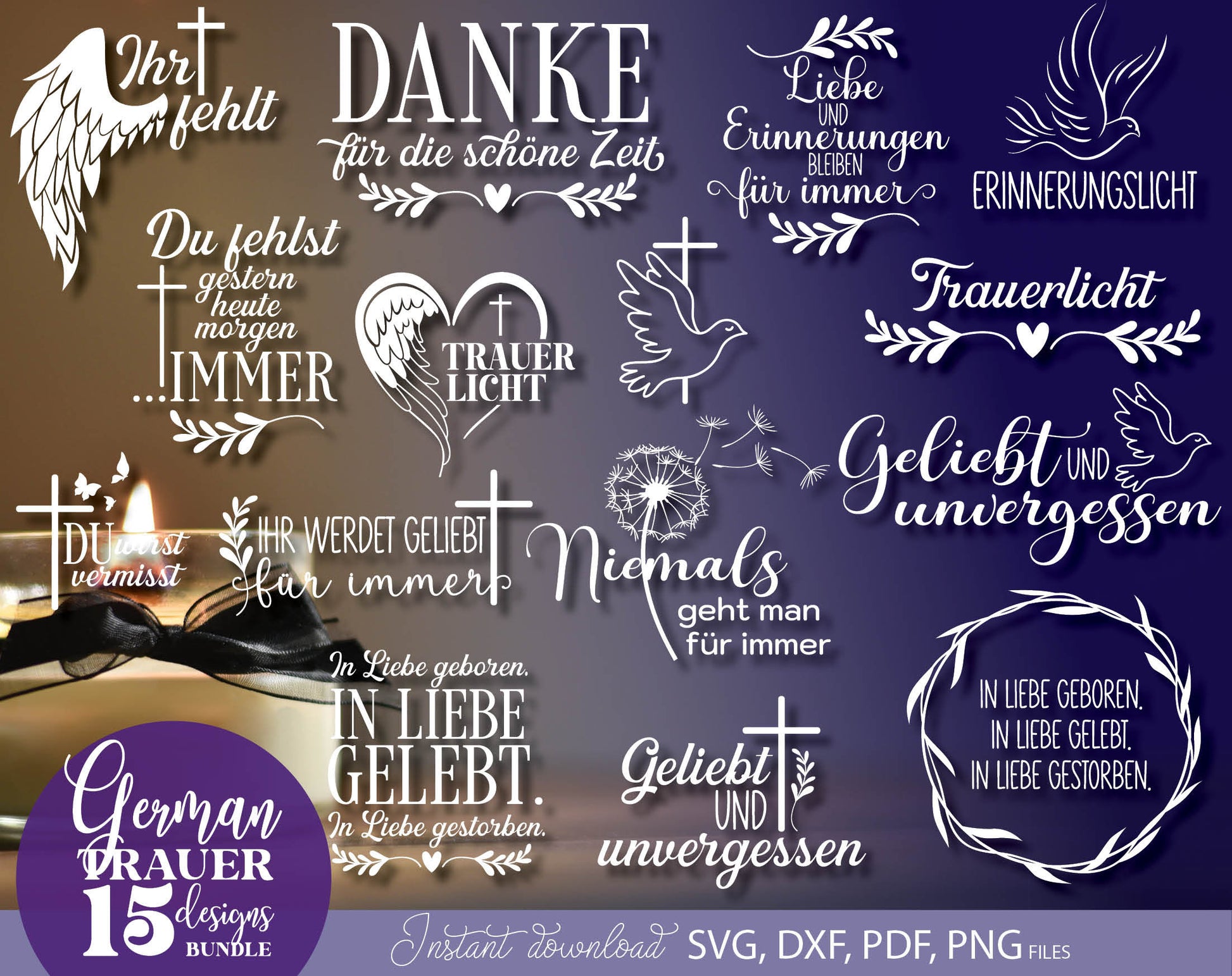 German Trauer Plotter File Bundle. SVG DXF PDF PNG files included. Compatible with Cricut, Silhouette, sublimation printers .etc. Cut from vinyl, use for sublimation or laser cut or grave projects. Buy now for a good price and enjoy!