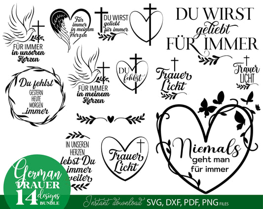 German Trauer Plotter File Bundle. SVG DXF PDF PNG files included. Compatible with Cricut, Silhouette, sublimation printers .etc. Cut from vinyl, use for sublimation or laser cut or grave projects. Buy now for a good price and enjoy!