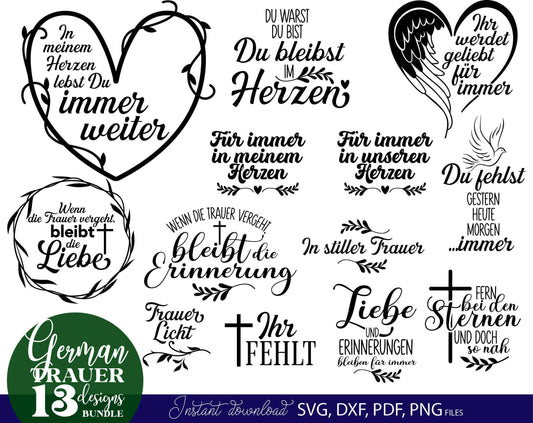 German Trauer Plotter File Bundle. SVG DXF PDF PNG files included. Compatible with Cricut, Silhouette, sublimation printers .etc. Cut from vinyl, use for sublimation or laser cut or grave projects. Buy now for a good price and enjoy!