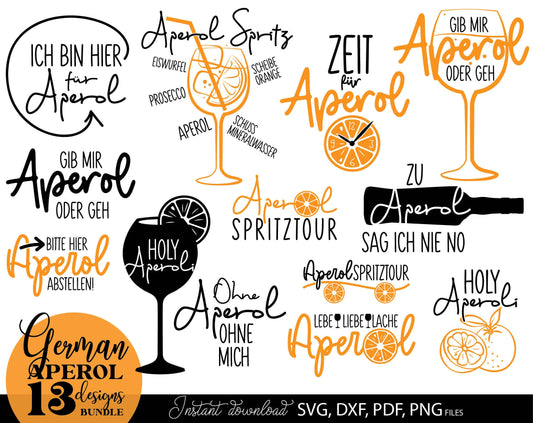 German Aperol spritz orange bundle. SVG DXF PDF PNG files included. Use with Cricut, Silhouette, Cameo, sublimation printers .etc. Cut from vinyl, use for sublimation or laser cut or grave projects as well. Buy now for a good price and enjoy!