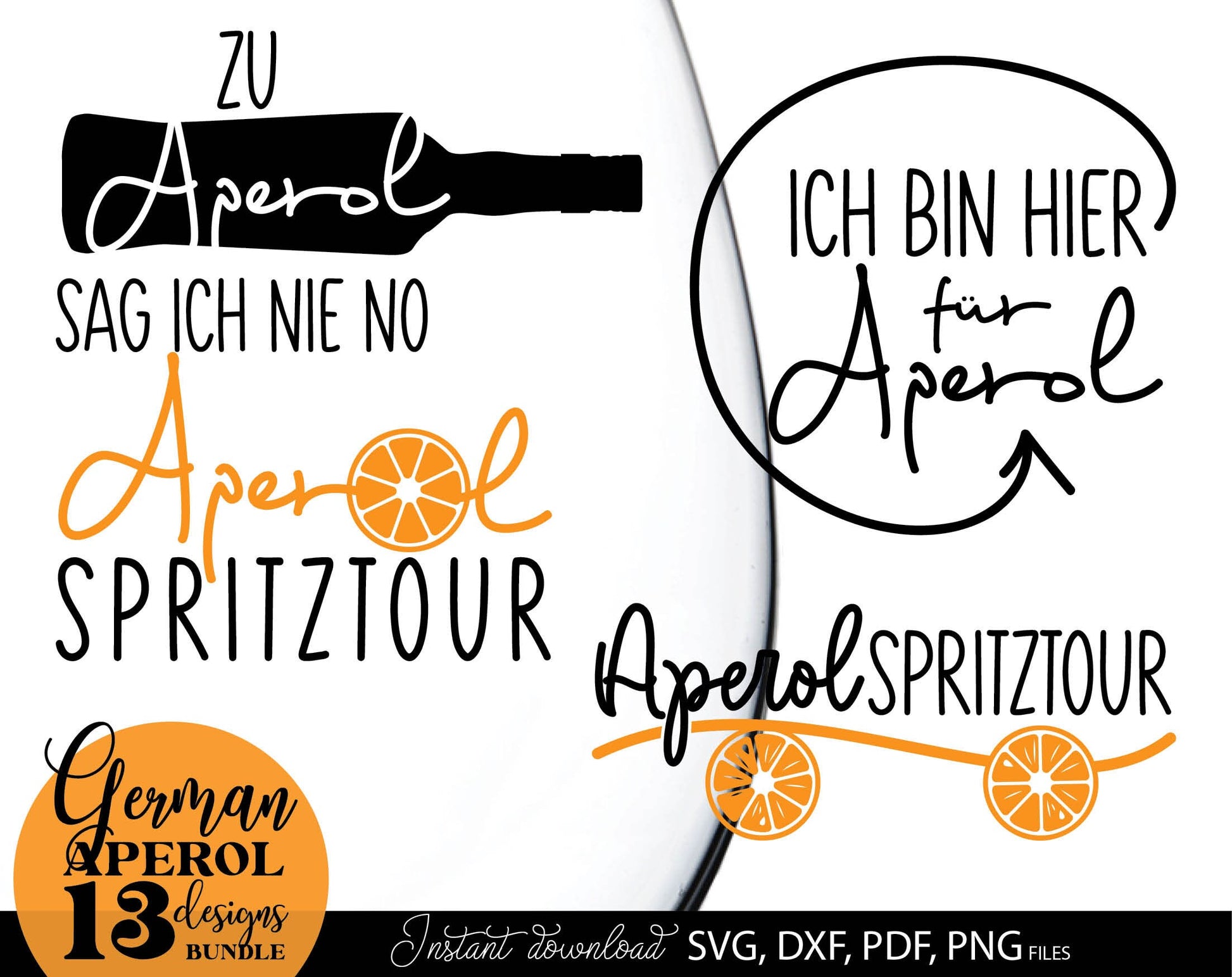 German Aperol spritz orange bundle. SVG DXF PDF PNG files included. Use with Cricut, Silhouette, Cameo, sublimation printers .etc. Cut from vinyl, use for sublimation or laser cut or grave projects as well. Buy now for a good price and enjoy!