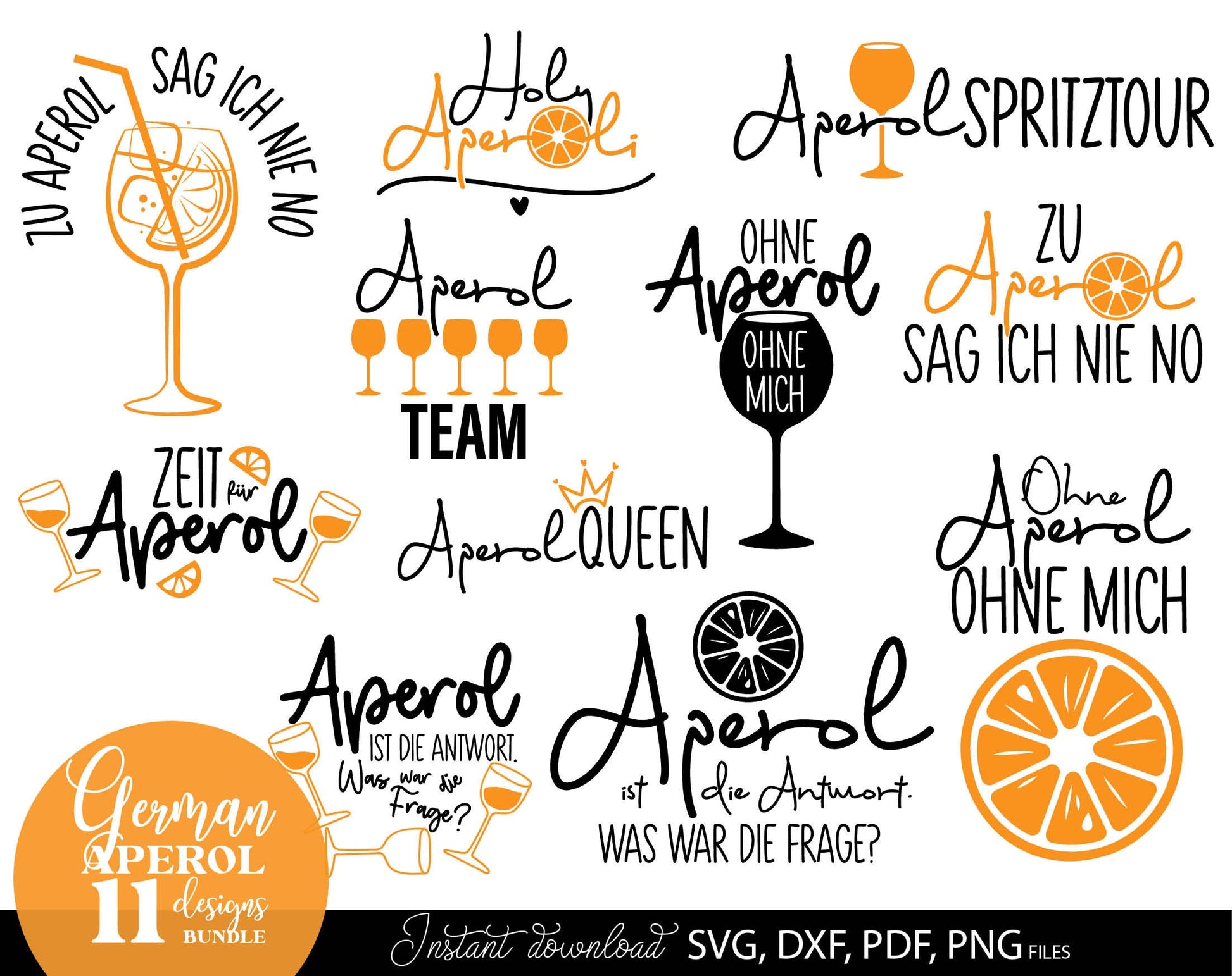 German Aperol spritz quotes bundle. SVG DXF PDF PNG files included. Use with Cricut, Silhouette, Cameo, sublimation printers .etc. Cut from vinyl, use for sublimation or laser cut or grave projects as well. Buy now for a good price and enjoy!