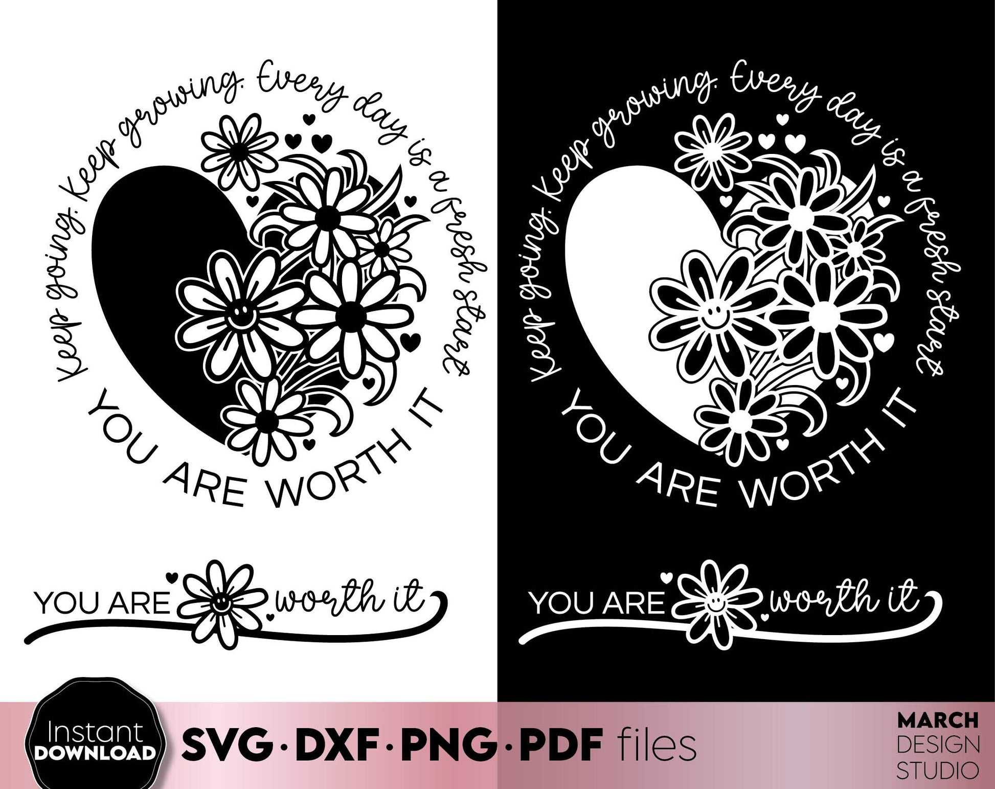 Keep going. Keep growing. Every day is a fresh start. SVG DXF PNG PDF files included. Compatible with Cricut, Silhouette, sublimation printers or laser equipment. Cut from vinyl, use for sublimation or laser cut or grave projects. Buy now and enjoy!