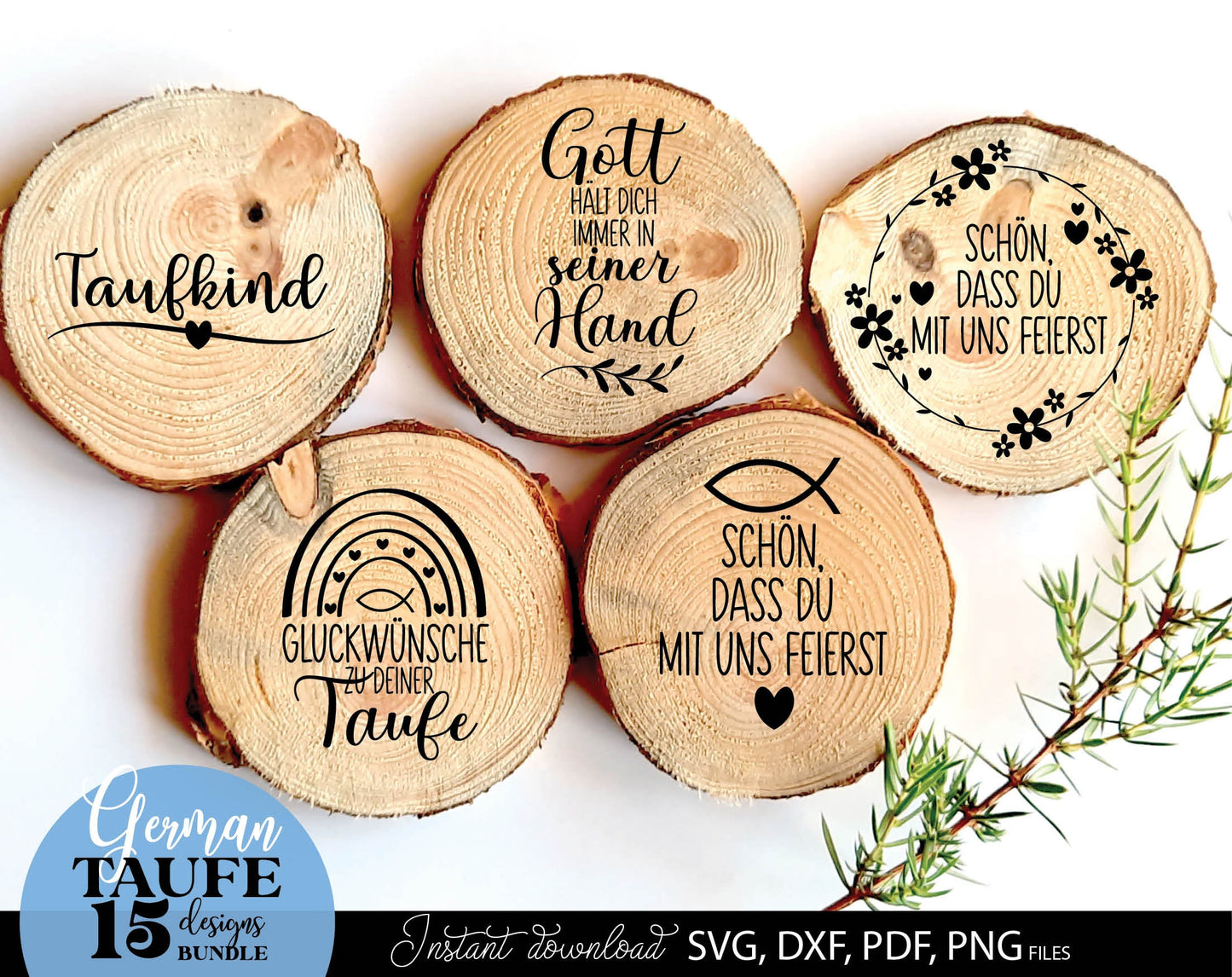 German Taufe designs bundle. SVG DXF PDF PNG files included. Compatible with Cricut, Silhouette, sublimation printers and other equipment. Cut from vinyl, use for sublimation or laser cut or grave projects. Buy now for a good price and enjoy!