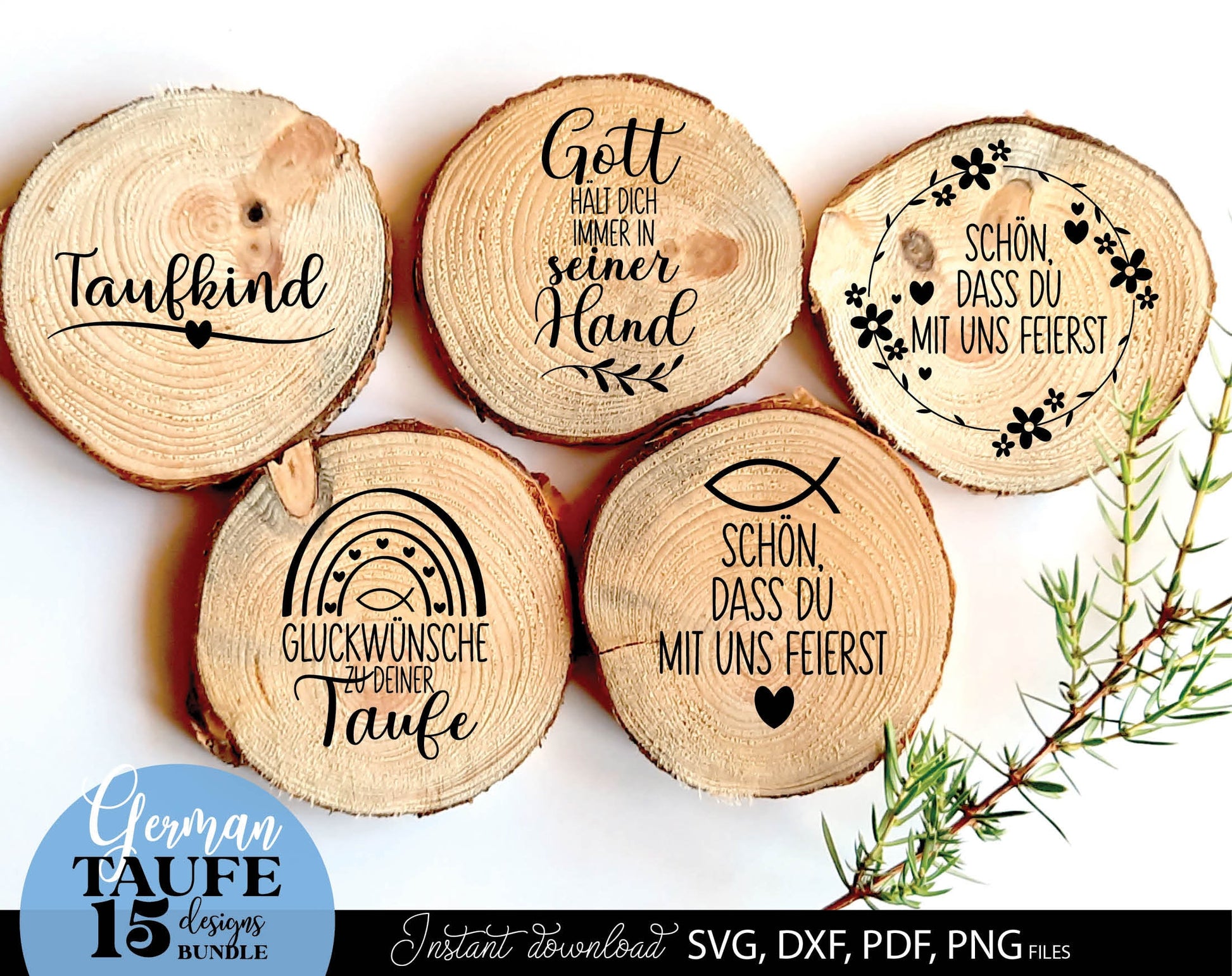 German Taufe designs bundle. SVG DXF PDF PNG files included. Compatible with Cricut, Silhouette, sublimation printers and other equipment. Cut from vinyl, use for sublimation or laser cut or grave projects. Buy now for a good price and enjoy!