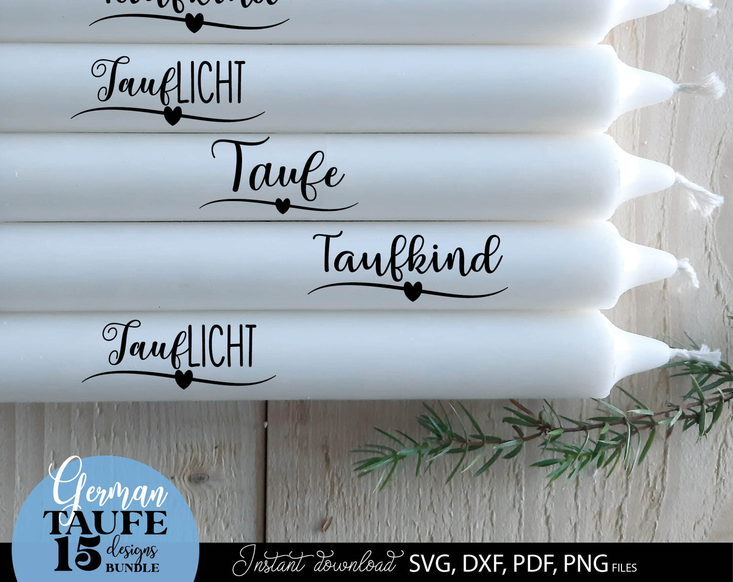 German Taufe designs bundle. SVG DXF PDF PNG files included. Compatible with Cricut, Silhouette, sublimation printers and other equipment. Cut from vinyl, use for sublimation or laser cut or grave projects. Buy now for a good price and enjoy!