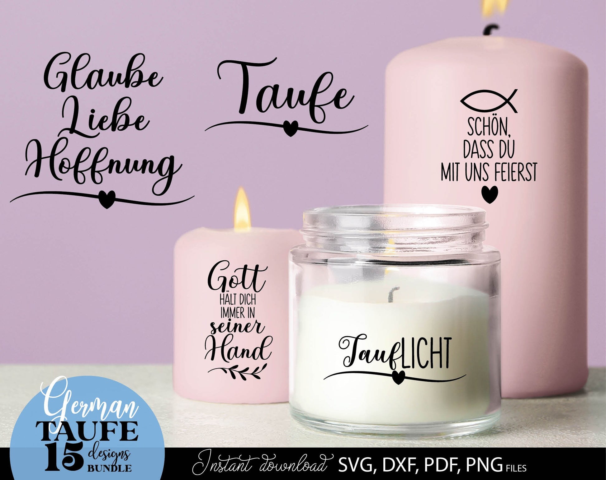 German Taufe designs bundle. SVG DXF PDF PNG files included. Compatible with Cricut, Silhouette, sublimation printers and other equipment. Cut from vinyl, use for sublimation or laser cut or grave projects. Buy now for a good price and enjoy!