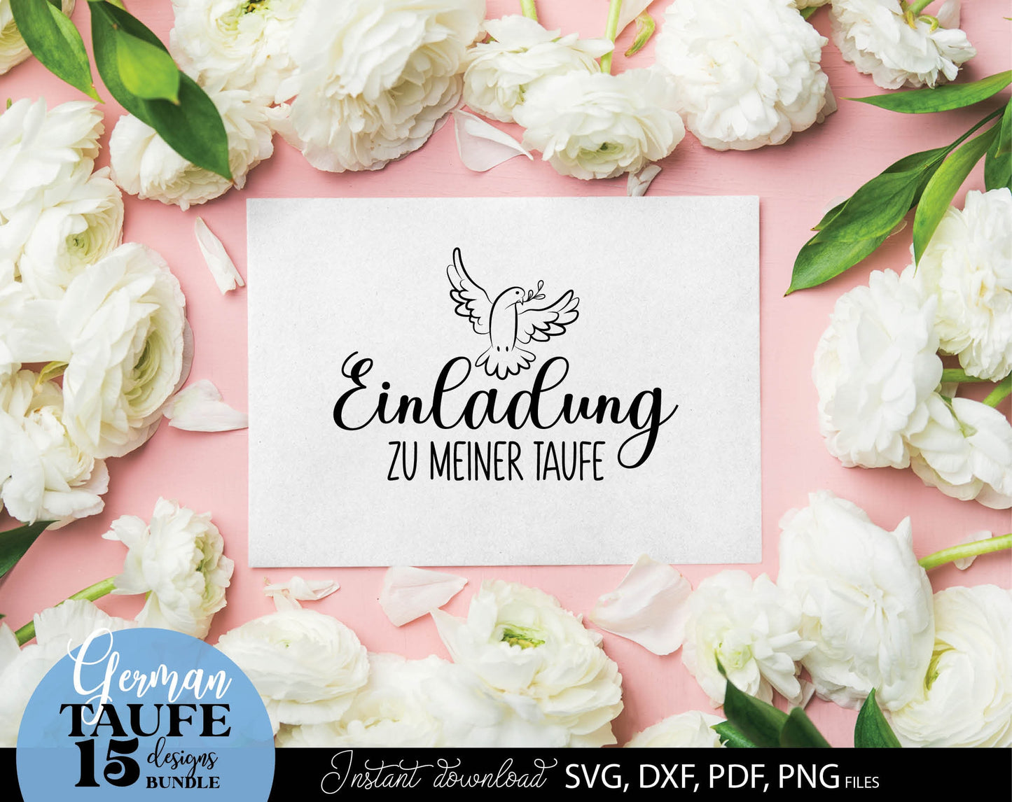 German Taufe designs bundle. SVG DXF PDF PNG files included. Compatible with Cricut, Silhouette, sublimation printers and other equipment. Cut from vinyl, use for sublimation or laser cut or grave projects. Buy now for a good price and enjoy!