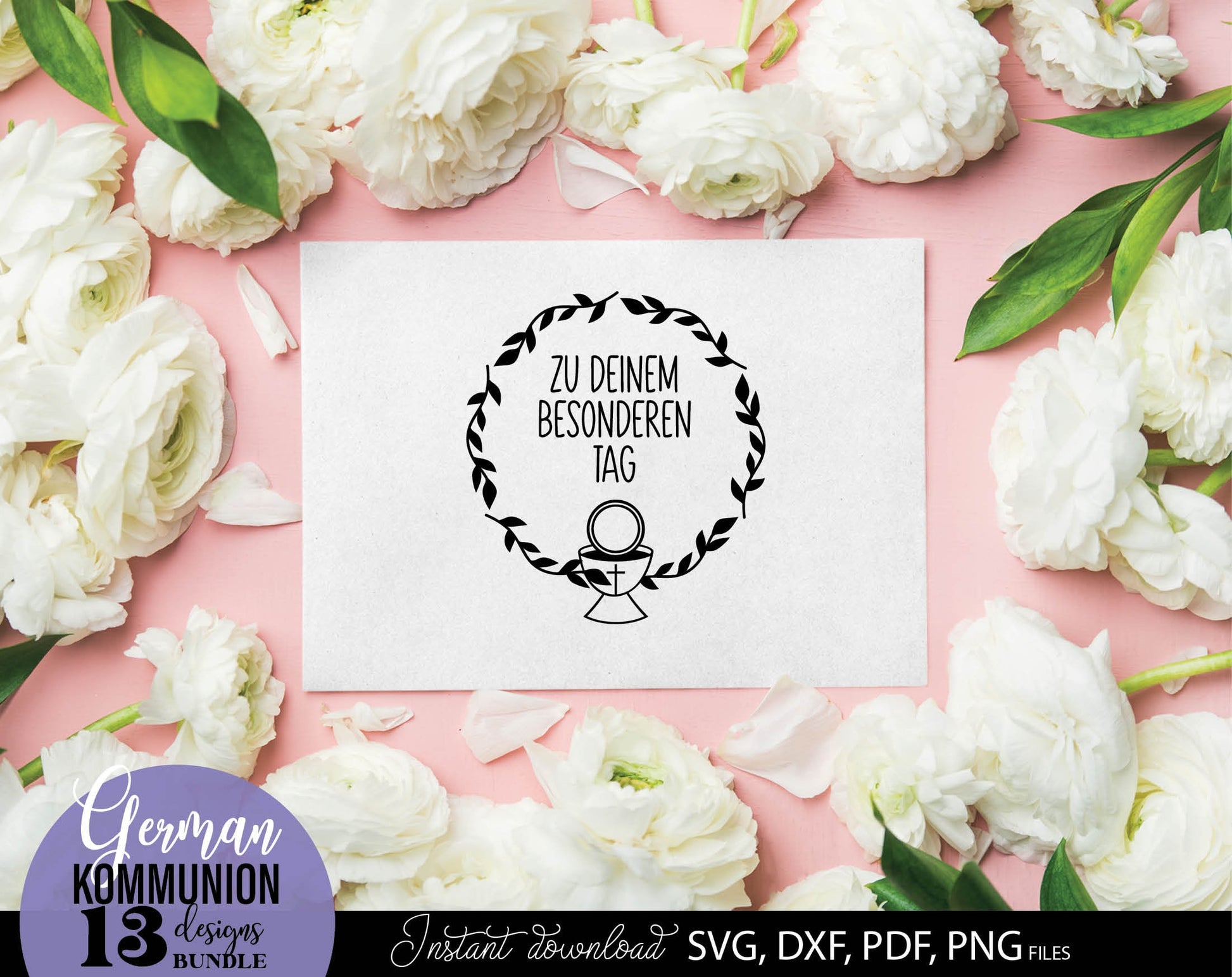 German First Communion Plotter File Bundle. SVG DXF PDF PNG files included. Compatible with Cricut, Silhouette, sublimation printers and other equipment. Cut from vinyl, use for sublimation or laser cut or grave projects. Buy now for a good price!