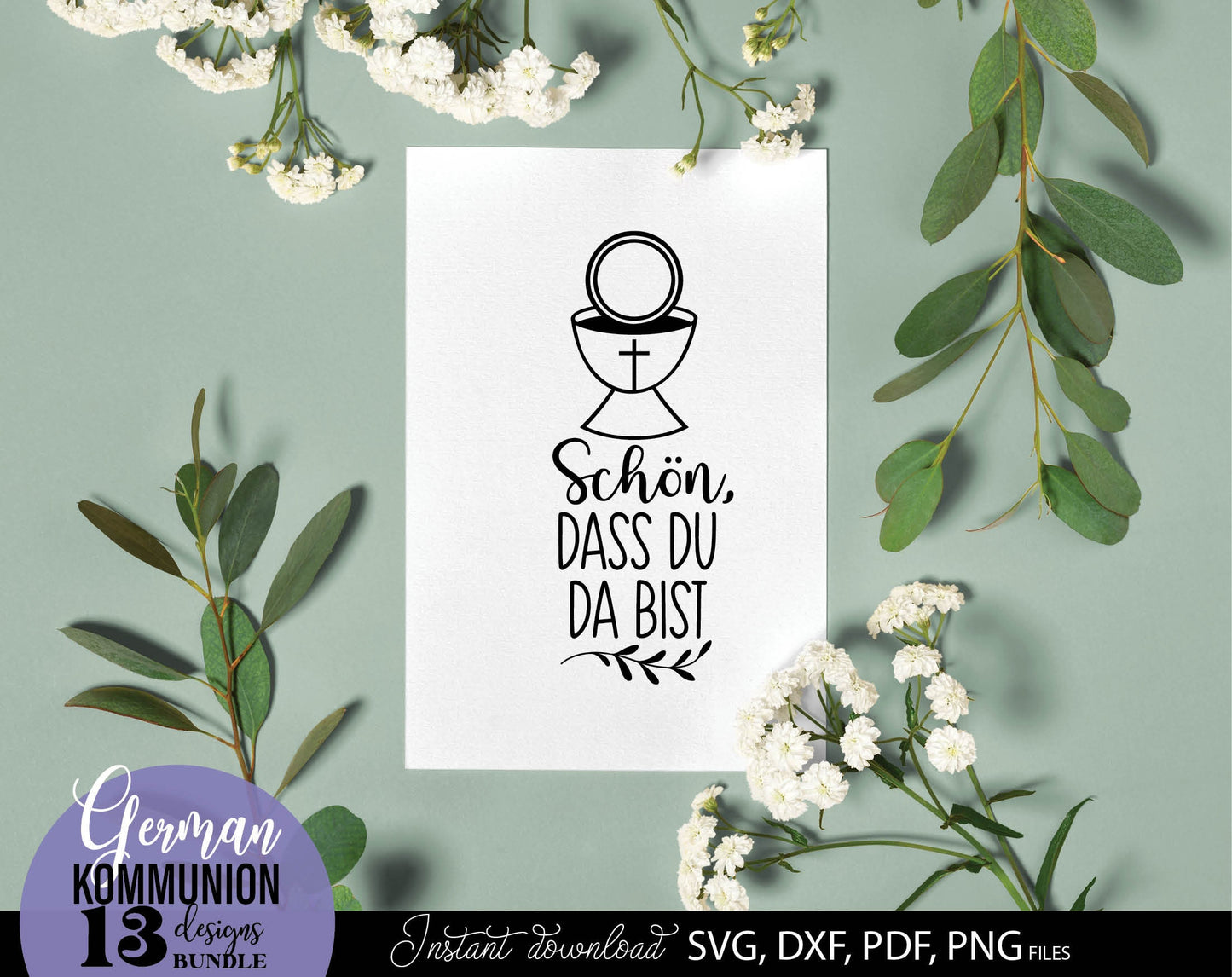 German First Communion Plotter File Bundle. SVG DXF PDF PNG files included. Compatible with Cricut, Silhouette, sublimation printers and other equipment. Cut from vinyl, use for sublimation or laser cut or grave projects. Buy now for a good price!