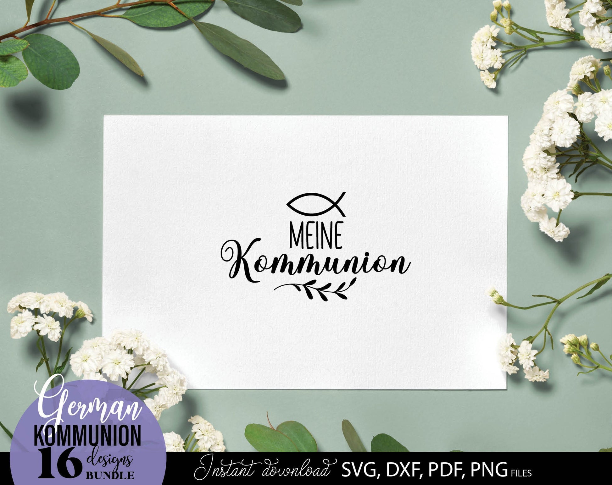 German First Communion Plotter File Bundle. SVG DXF PDF PNG files included. Compatible with Cricut, Silhouette, sublimation printers and other equipment. Cut from vinyl, use for sublimation or laser cut or grave projects. Buy now for a good price!