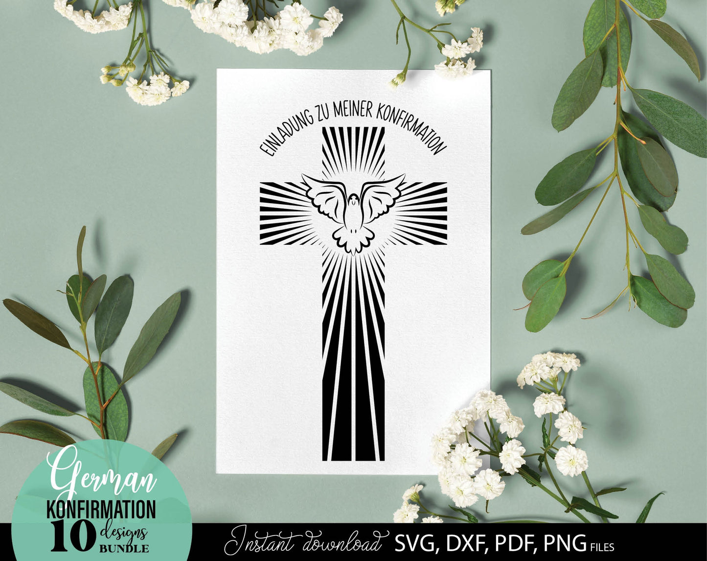 German Konfirmation Plotter File Bundle. SVG DXF PDF PNG files included. Compatible with Cricut, Silhouette, sublimation printers and other equipment. Cut from vinyl, use for sublimation or laser cut or grave projects. Buy now for a good price!