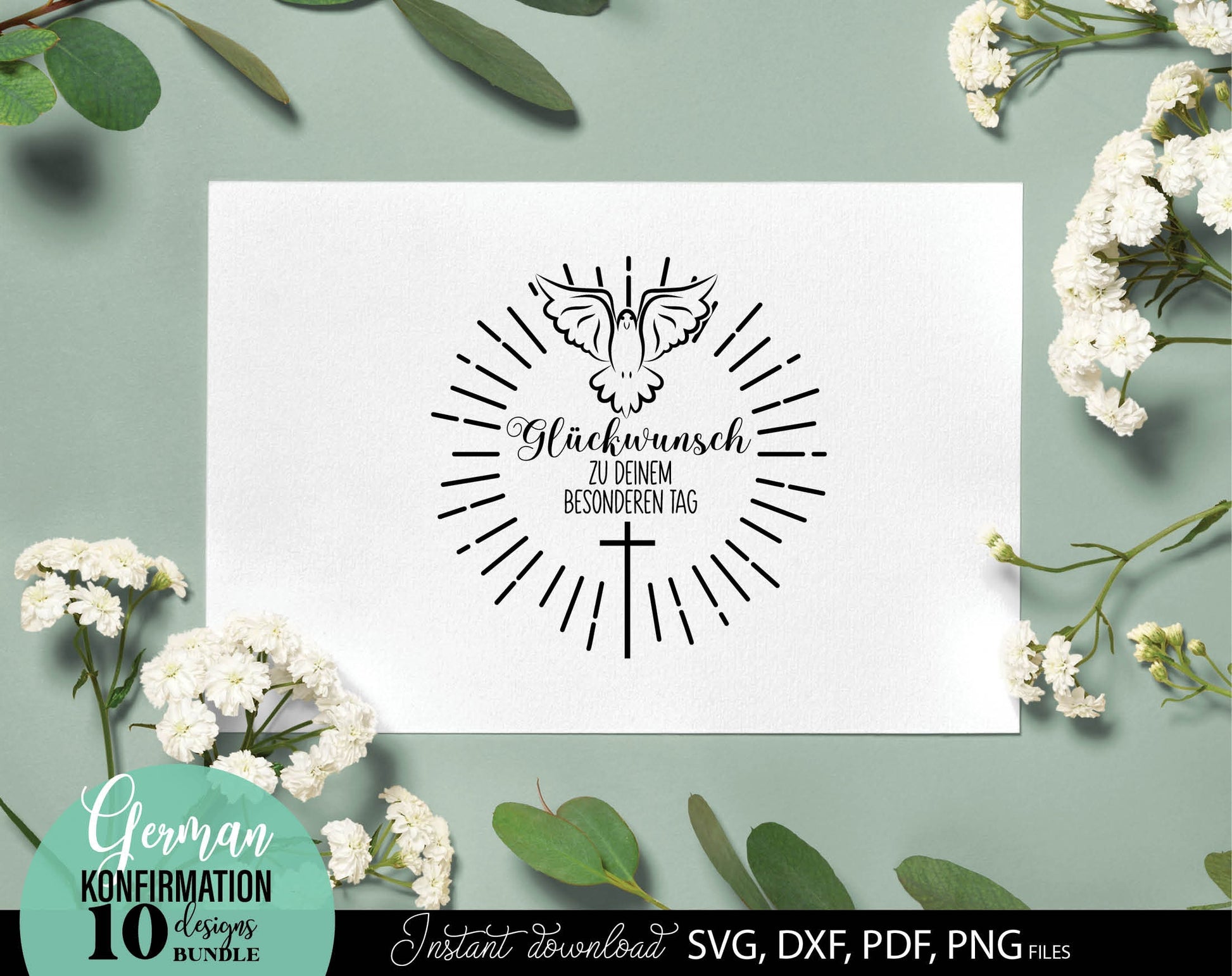 German Konfirmation Plotter File Bundle. SVG DXF PDF PNG files included. Compatible with Cricut, Silhouette, sublimation printers and other equipment. Cut from vinyl, use for sublimation or laser cut or grave projects. Buy now for a good price!