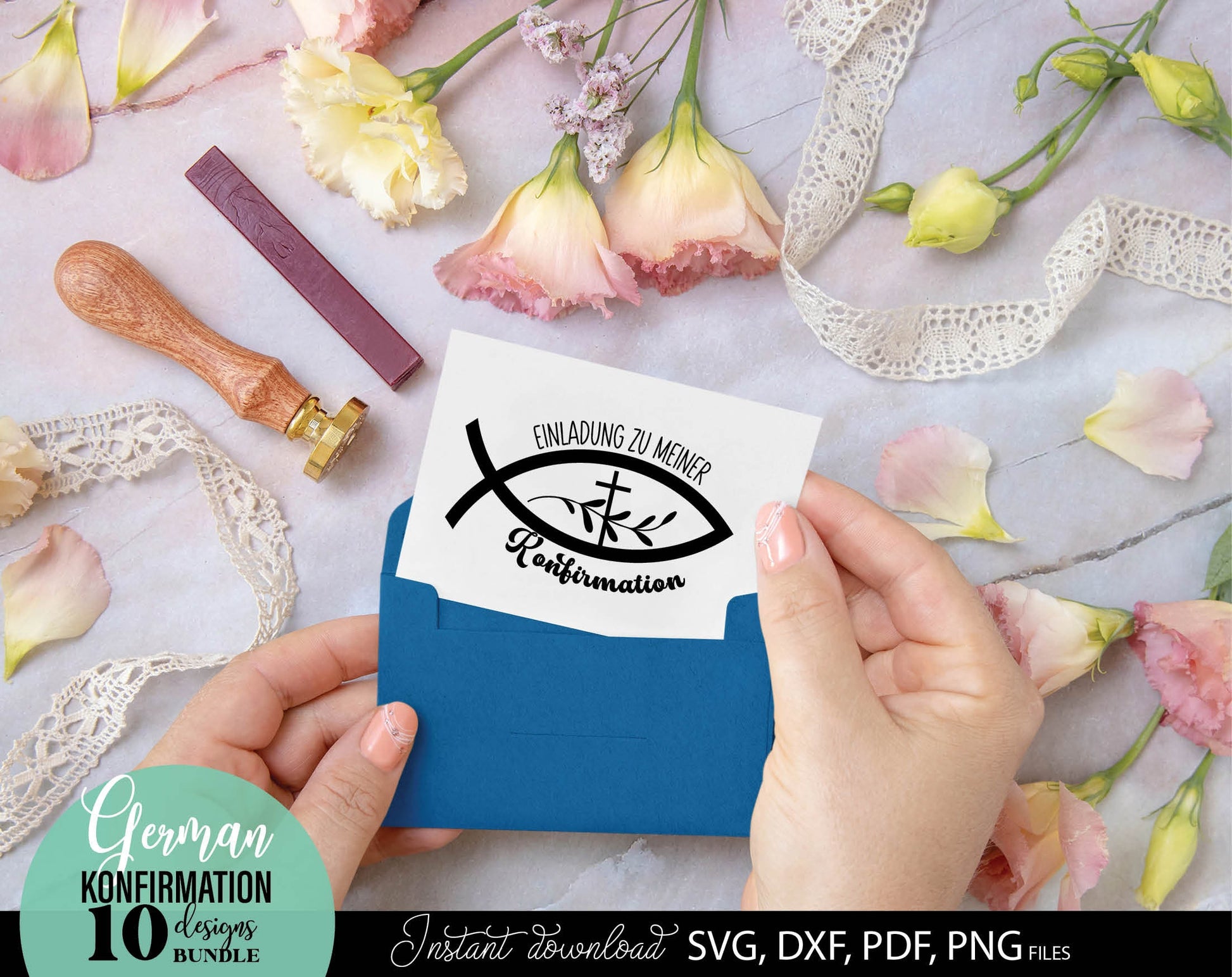 German Konfirmation Plotter File Bundle. SVG DXF PDF PNG files included. Compatible with Cricut, Silhouette, sublimation printers and other equipment. Cut from vinyl, use for sublimation or laser cut or grave projects. Buy now for a good price!