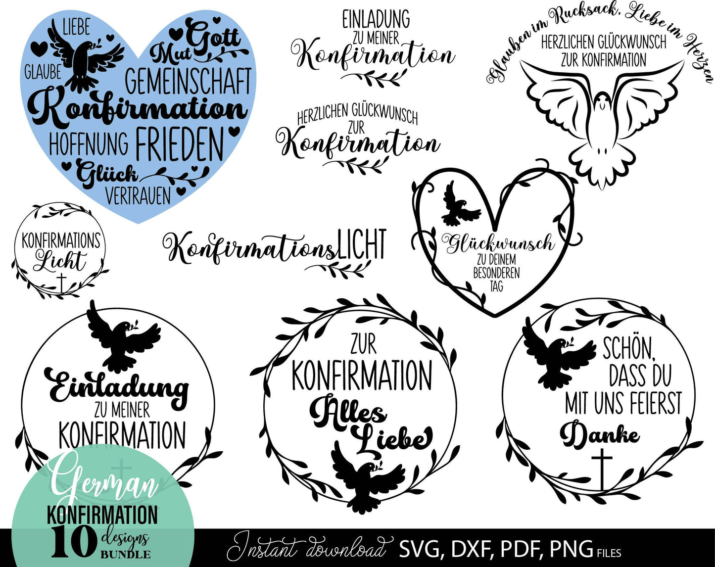 German Konfirmation Plotter File Bundle. SVG DXF PDF PNG files included. Compatible with Cricut, Silhouette, sublimation printers and other equipment. Cut from vinyl, use for sublimation or laser cut or grave projects. Buy now for a good price!
