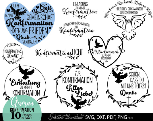 German Konfirmation Plotter File Bundle. SVG DXF PDF PNG files included. Compatible with Cricut, Silhouette, sublimation printers and other equipment. Cut from vinyl, use for sublimation or laser cut or grave projects. Buy now for a good price!